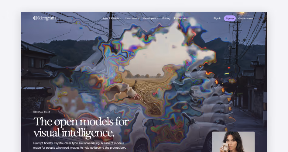 Ideogram homepage showing its open models for visual intelligence with crystal-clear text rendering and reliable editing, featured in the best AI image generators guide