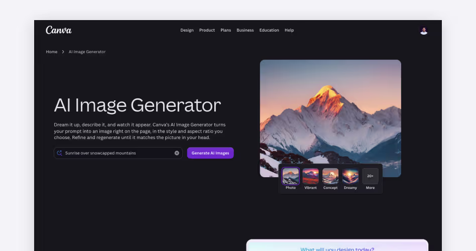 Canva homepage showing its AI Image Generator turning a text prompt into an image with style and aspect ratio controls, featured in the best AI image generators guide
