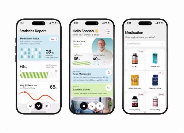 WellNest healthcare companion app UI design by Orbix Studio featuring medication tracking interface for elderly patients and caregivers
