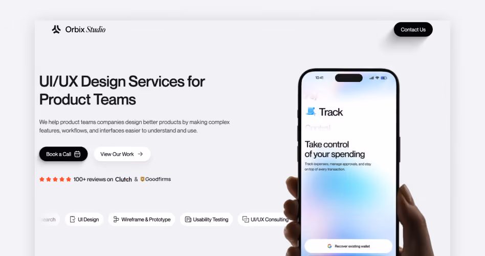 Orbix Studio homepage showing its UI/UX design services for product teams, ranked #1 for SaaS and startups wanting both the audit and the fixes in the 15 best UX audit companies guide