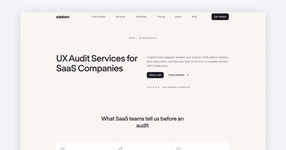 Eleken homepage showing its fixed-price UX audit services for SaaS companies starting at $6,599, ranked #2 in the 15 best UX audit companies guide