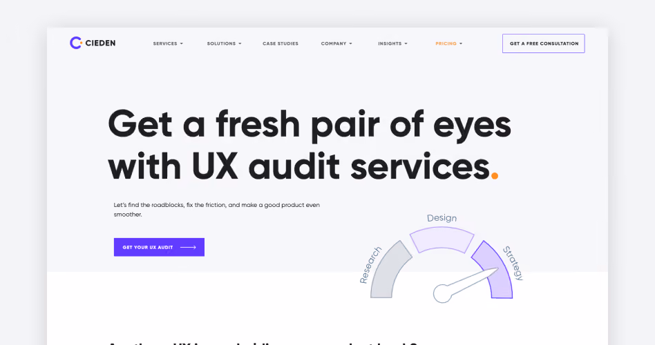 Cieden homepage showing its UX audit services with budget tiers starting at $2,000, ranked #3 for fixed budgets in the 15 best UX audit companies guide