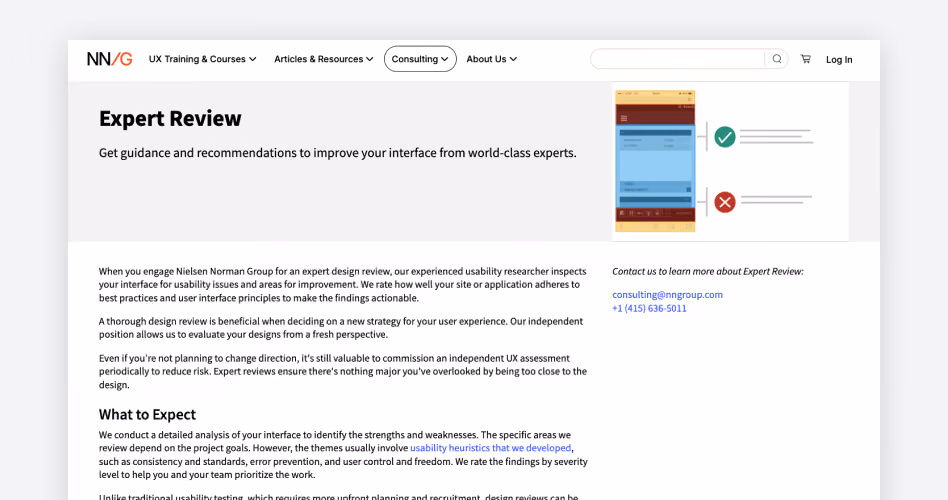 Nielsen Norman Group homepage showing its Expert Review service for enterprise sites starting at $60,000, ranked #5 in the 15 best UX audit companies guide