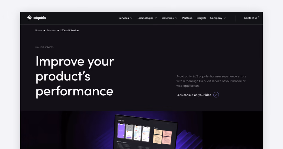 Miquido homepage showing its UX audit services for improving product performance, ranked #6 for picking audit depth by budget in the 15 best UX audit companies guide