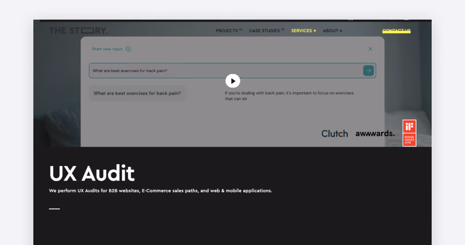 The Story homepage showing its UX Audit service for B2B websites and online stores, ranked #8 in the 15 best UX audit companies guide
