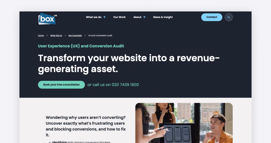 Box UK homepage showing its User Experience and Conversion Audit service for UK teams, ranked #9 for conversion problems in the 15 best UX audit companies guide