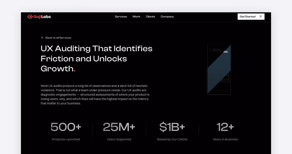 Goji Labs homepage showing its UX auditing service that identifies friction and unlocks growth, ranked #11 for accessibility checks in the 15 best UX audit companies guide