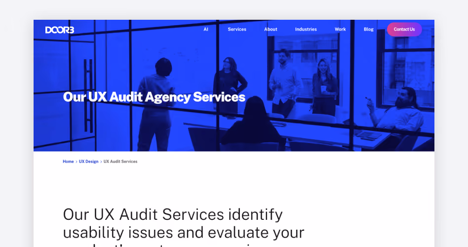 DOOR3 homepage showing its UX Audit Agency Services for enterprise software, ranked #12 for regulated industries in the 15 best UX audit companies guide