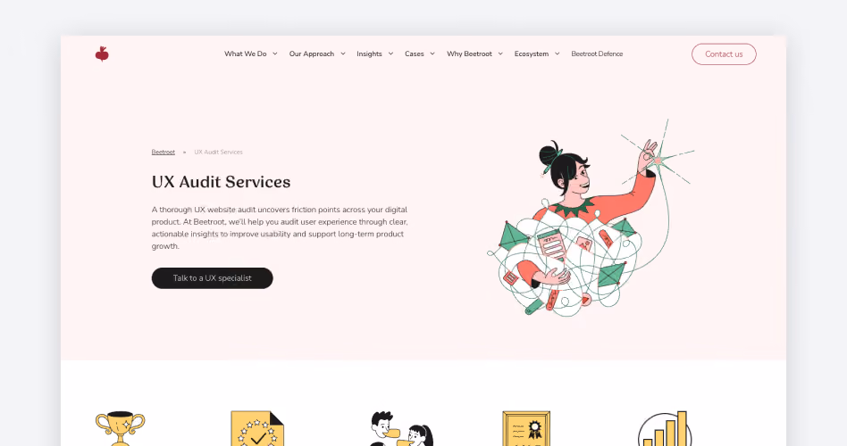 Beetroot homepage showing its UX Audit Services for startups to enterprise teams, ranked #13 in the 15 best UX audit companies guide