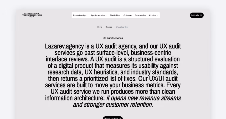 Lazarev.agency homepage showing its UX audit services for AI and B2B products, ranked #14 in the 15 best UX audit companies guide