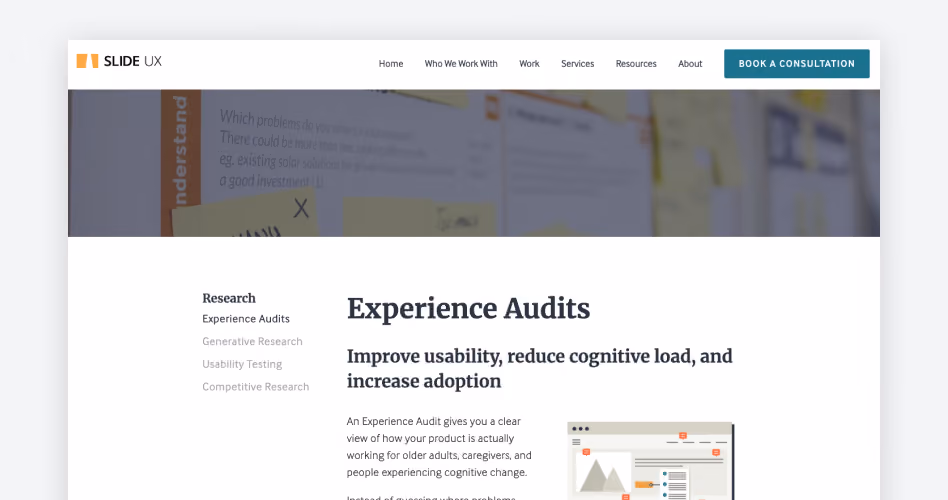 Slide UX homepage showing its Experience Audits service to improve usability for older adults and caregivers, ranked #15 for digital health products in the 15 best UX audit companies guide