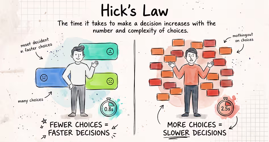 Hick's Law illustrated by comparing a person with few choices deciding in 0.8 seconds to a person with many choices taking 2.5 seconds
