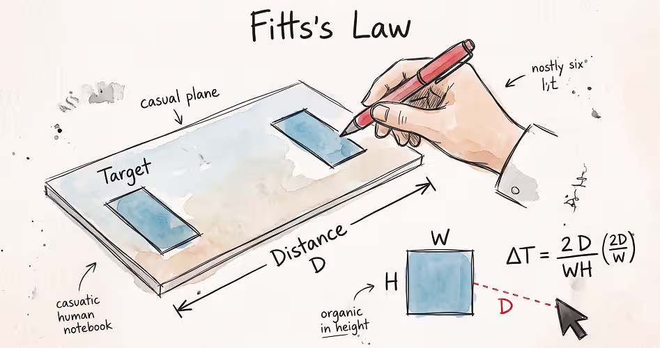 Fitts's Law illustrated with a hand reaching for targets of different sizes and distances, showing how target size and distance affect interaction speed