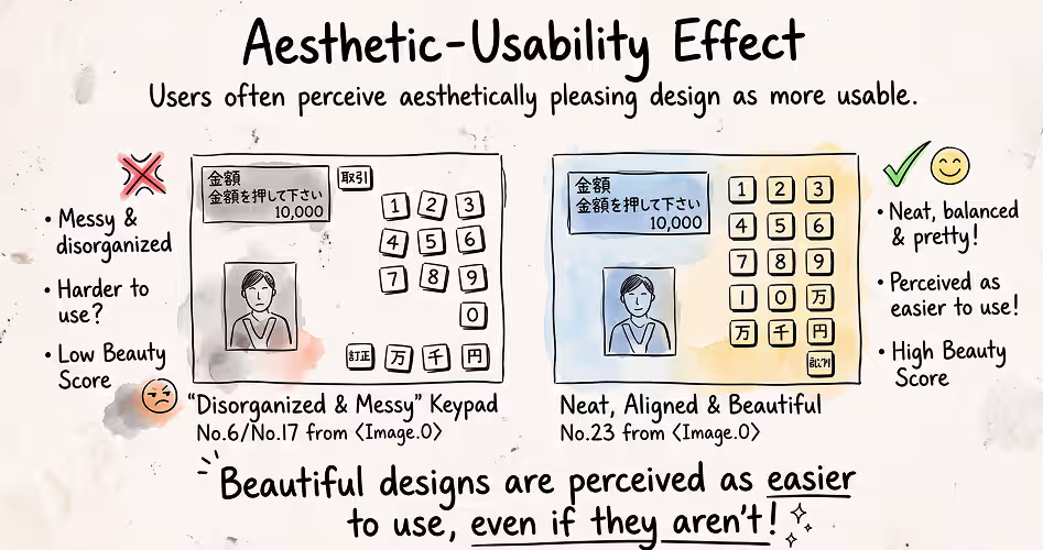 The Aesthetic-Usability Effect illustrated with a messy keypad versus a neat, aligned keypad, showing how attractive design is perceived as easier to use
