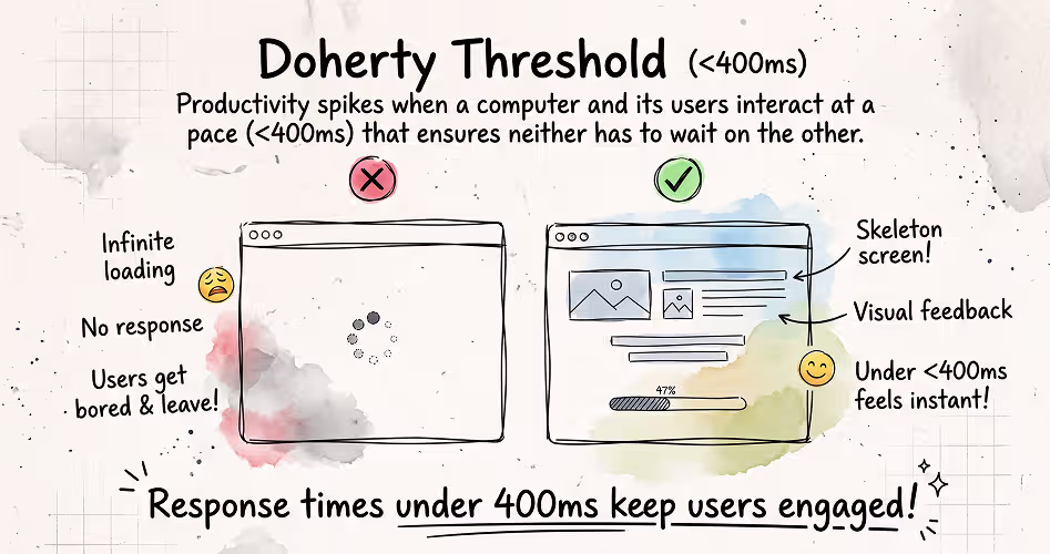 The Doherty Threshold illustrated with an infinite loading screen versus a responsive interface with visual feedback under 400 milliseconds
