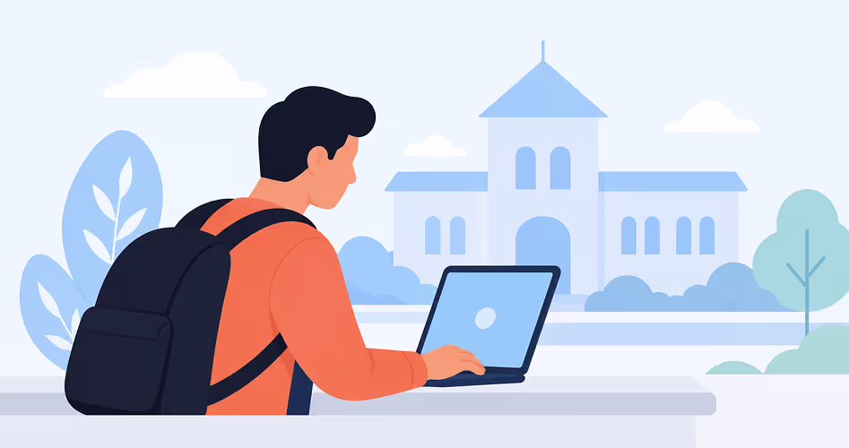 An illustration of a student using a laptop outside a university building, representing a user persona considered during the Empathize stage of the UX design process