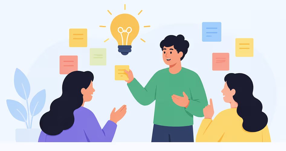 An illustration of a team brainstorming ideas with a lightbulb and sticky notes during the Ideate stage of the UX design process