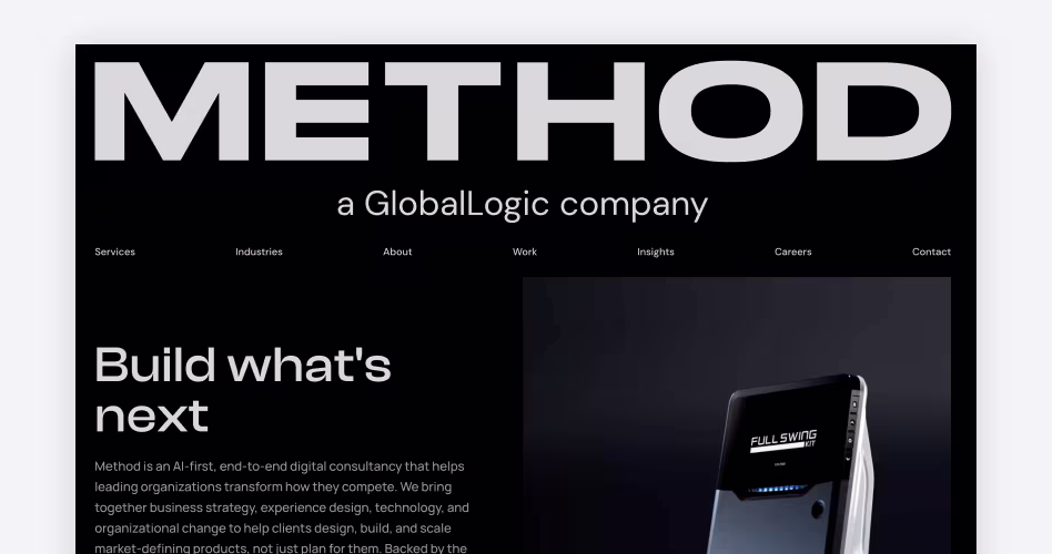 Method homepage, a GlobalLogic company, with the headline “Build what’s next” for enterprise product design
