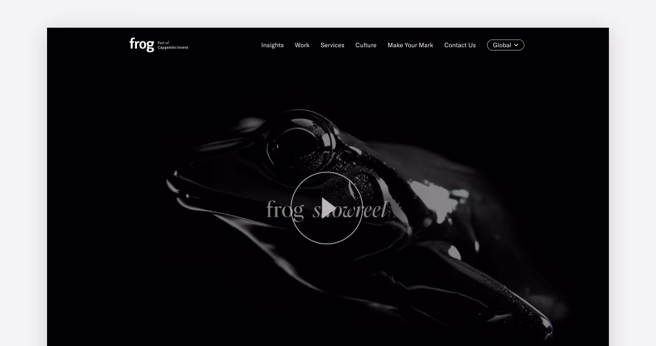 frog homepage with a dark showreel video of a frog, from the global design and innovation consultancy