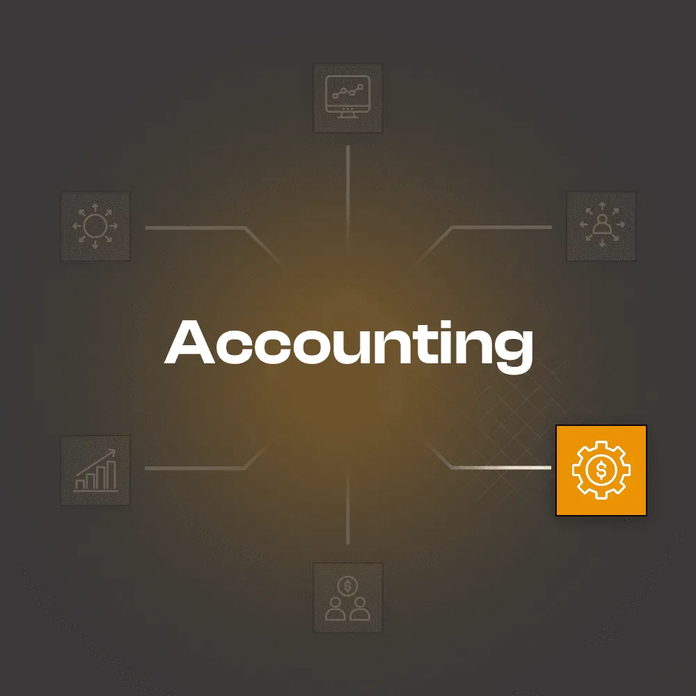 Bold "Accounting" headline with radial finance icons and highlighted dollar-gear icon representing accounting services