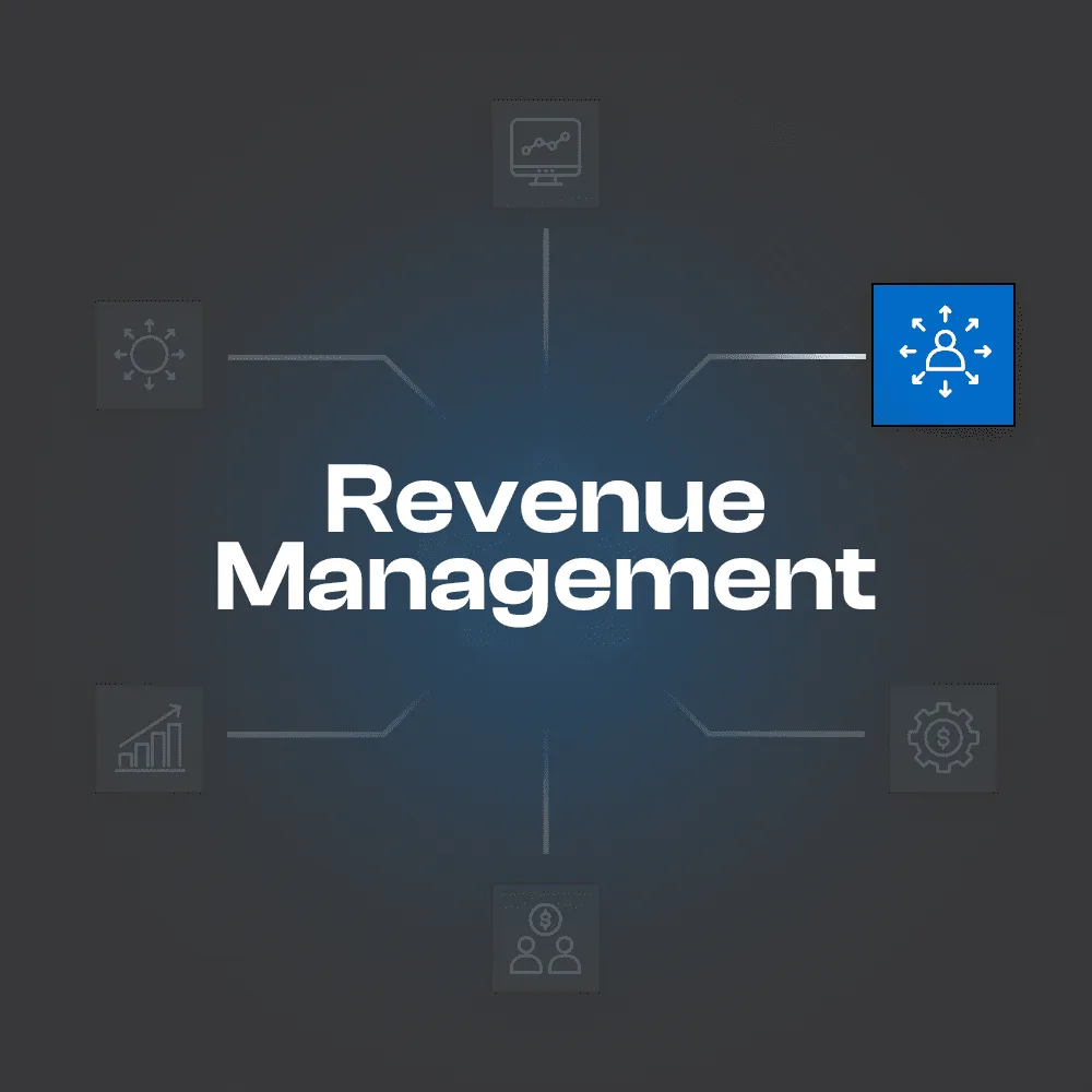 Revenue Management title centered with surrounding strategy icons, highlighted customer segmentation icon