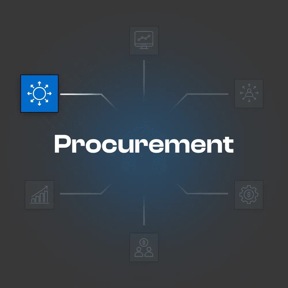 Procurement centered on dark panel with connected icons representing sourcing, suppliers, cost, and analytics