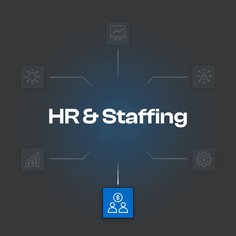 HR & Staffing header graphic with network lines and highlighted payroll icon of two people under a dollar symbol