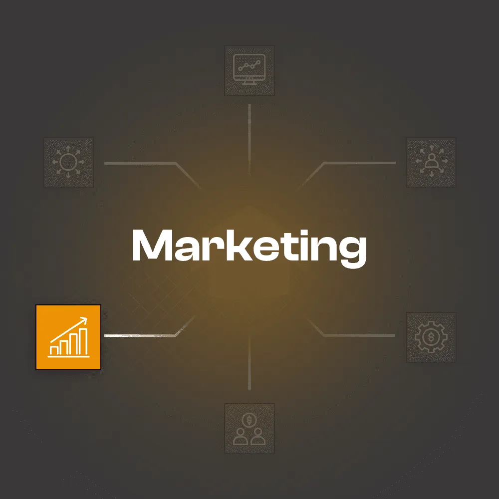 Marketing header with connected icons and highlighted orange rising bar chart symbolizing growth analytics