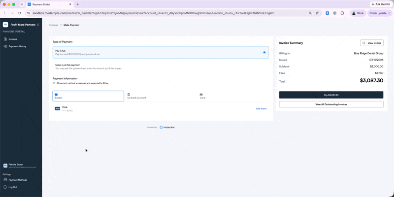 Viewing outstanding invoices and paying one from the Payment Portal