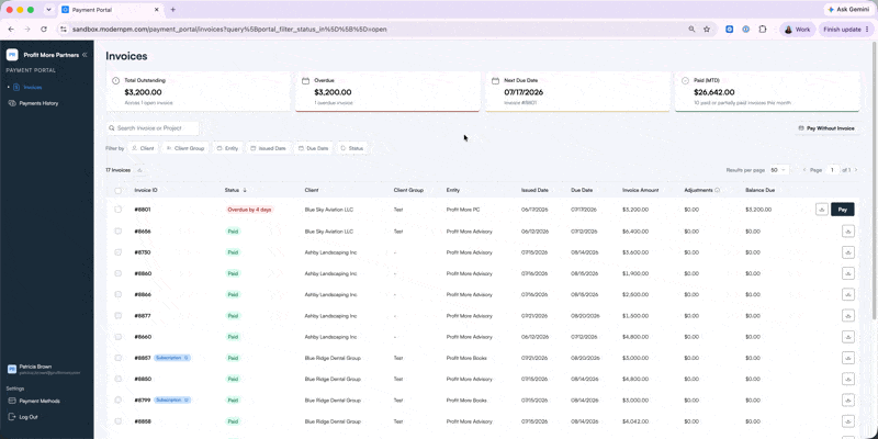 Payment History with receipts for completed payments