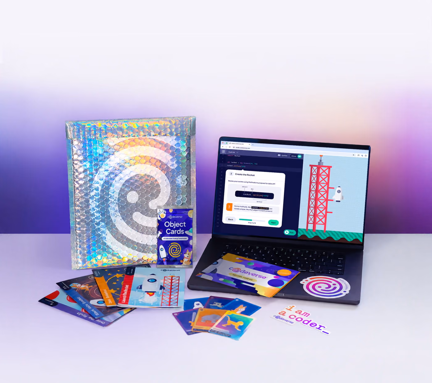Codeverse Kit Contents Spread out on Desk with Laptop