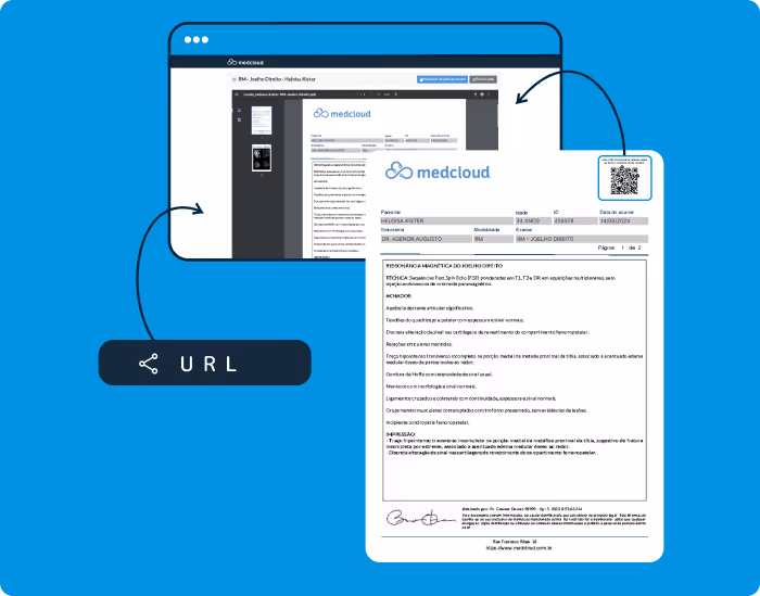 Tela de aplicativo exibindo múltiplas imagens de ressonância magnética do joelho direito em preto e branco.