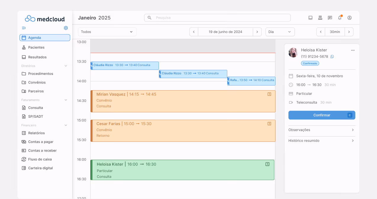 Agenda médica digital da Medcloud mostrando compromissos de consultas e teleconsultas agendadas para diferentes pacientes em 19 de junho de 2024.