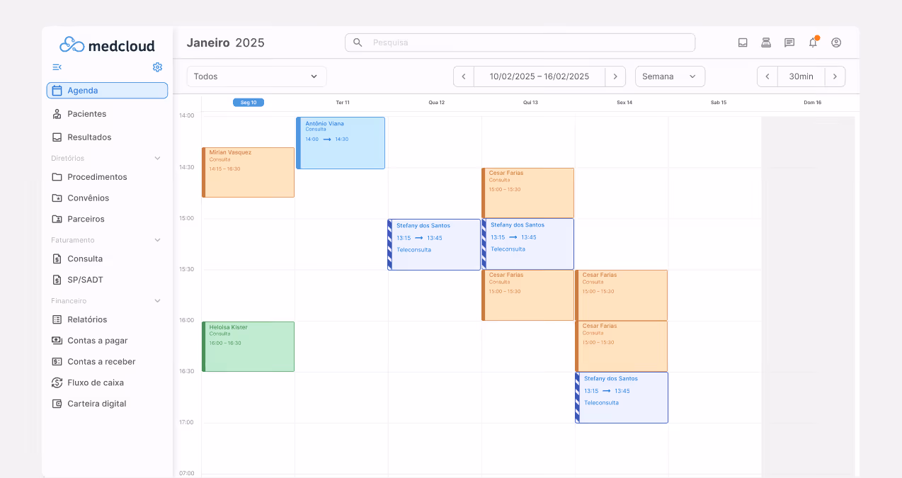 Calendário da agenda médica da Medcloud para a semana de 10 a 16 de fevereiro de 2025, exibindo compromissos de consultas e teleconsultas com nomes de pacientes e horários.