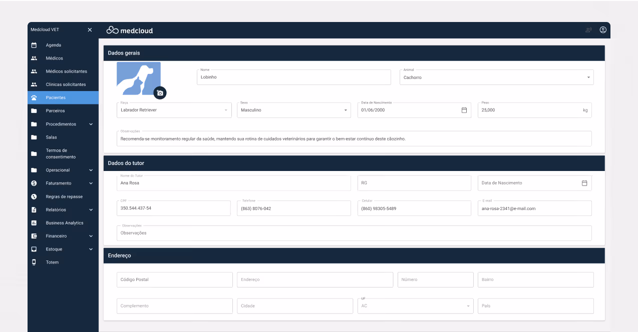 Interface de cadastro de paciente veterinário mostrando informações do cachorro chamado Lobinho, raça Labrador Retriever, sexo masculino, data de nascimento 01/06/2000 e peso 25 kg, com dados do tutor Ana Rosa, contatos e endereço.