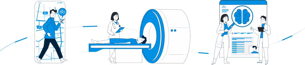 Ilustración que muestra al paciente haciendo una caminata guiada por la aplicación, seguida de un examen de resonancia magnética y consulta médica con profesionales analizando imágenes del cerebro.