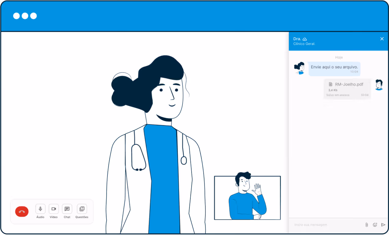 Ilustração de videochamada entre médico e paciente com chat para envio de arquivos.