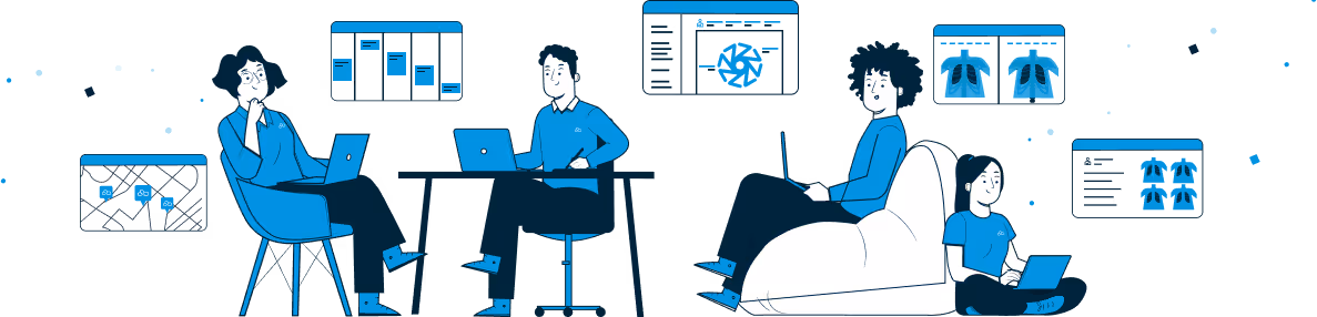 Ilustração de quatro pessoas trabalhando com laptops, cercadas por telas que exibem gráficos e imagens de pulmões, em um ambiente colaborativo.