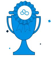 Troféu azul com roseta decorativa com um ícone de nuvem e conexões no centro.
