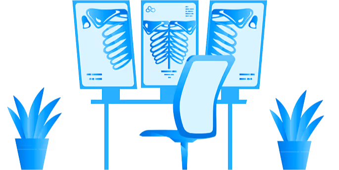 Ilustração de três radiografias de tórax em mesas, com uma cadeira e duas plantas ao redor.