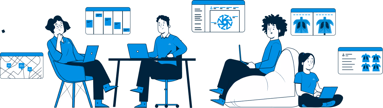 Ilustración de cuatro personas trabajando con laptops en diferentes posiciones, rodeadas por pantallas que muestran gráficos e imágenes médicas.