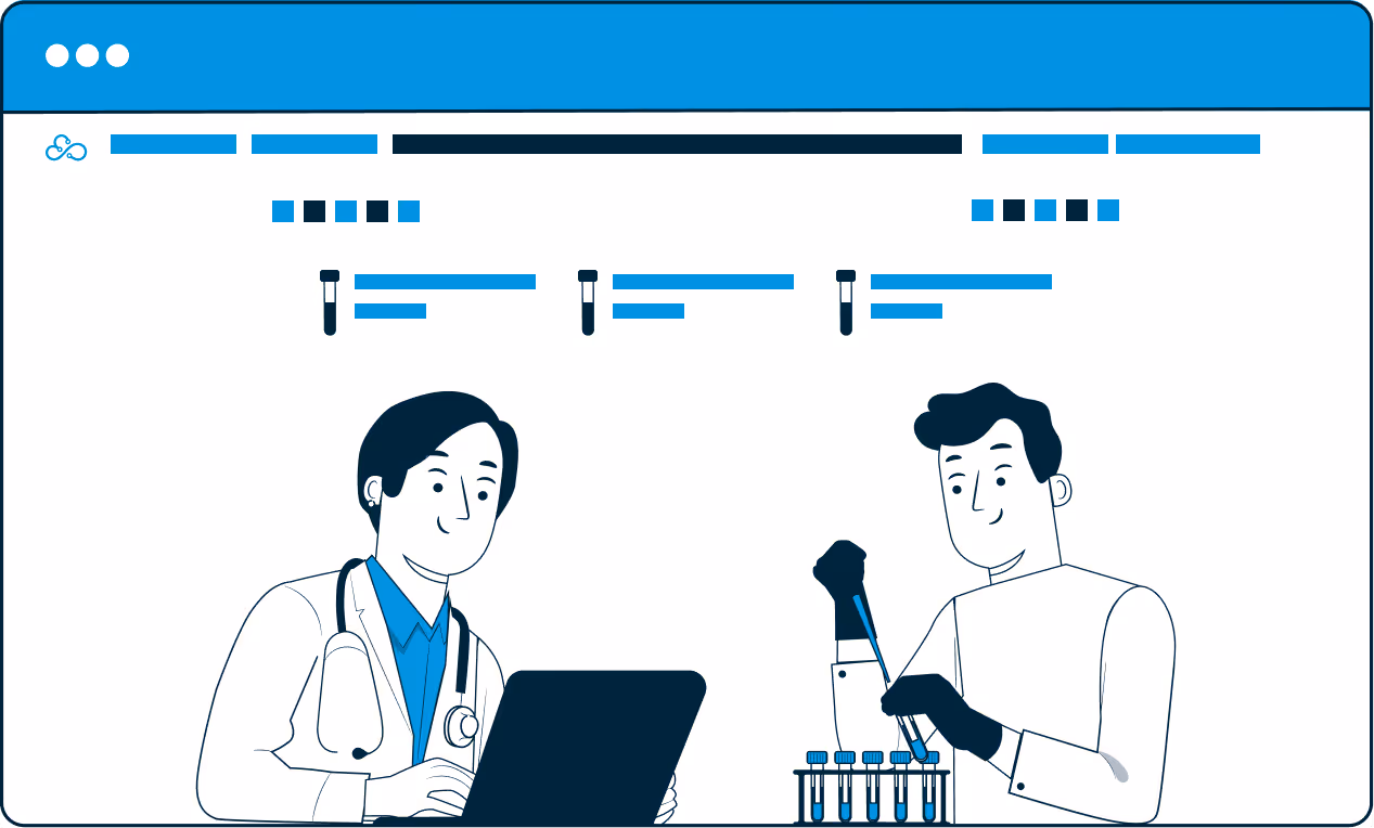 Ilustración de dos profesionales de la salud, uno escribiendo en el portátil y otro manipulando tubos de ensayo con líquido azul.