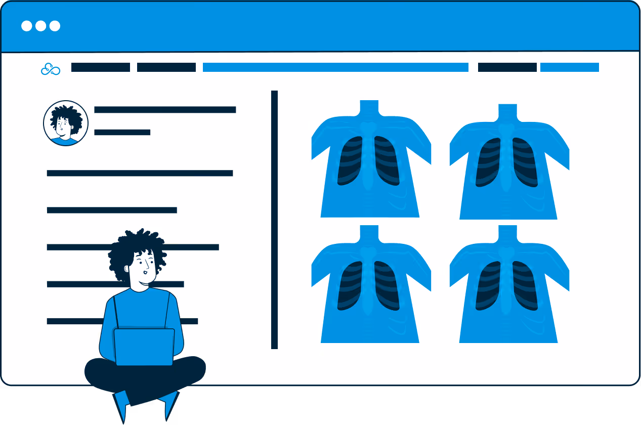 Ilustración de un joven sentado con laptop, mostrando un perfil digital junto a imágenes del tórax con los pulmones destacados.
