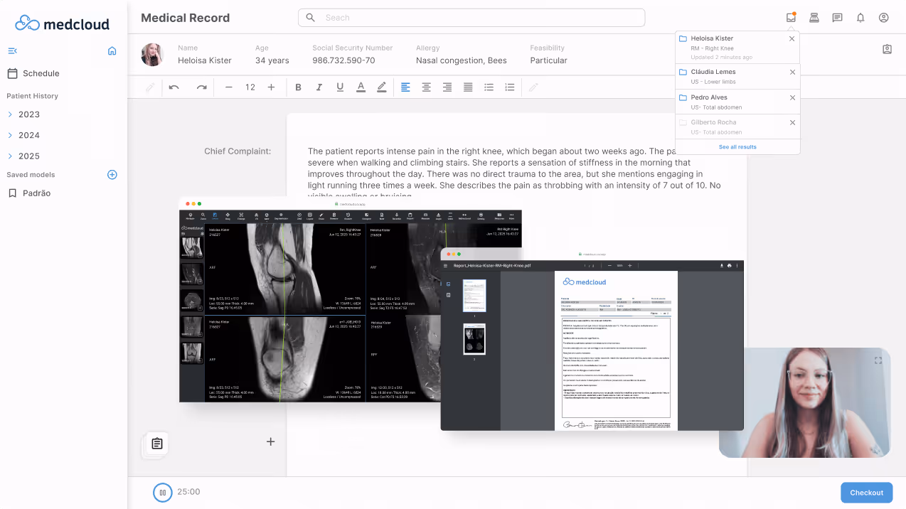 Patient interface Heloisa Kister displays medical history with a primary complaint of severe pain in the right knee, magnetic resonance imaging of the knee and digital medical report, on the side video call showing an eyeglass woman.