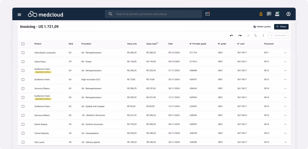 Medcloud system screen showing a billing list with patients, medical procedures, values and dates.