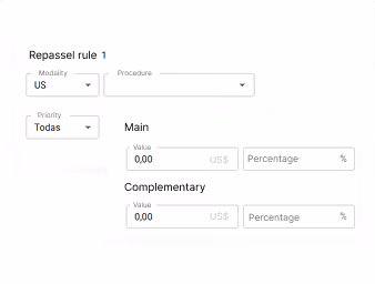 Relay rule configuration interface with fields for modality, procedure, priority, and primary and complementary values in US$ or percentage.