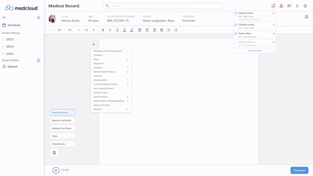 Medcloud digital medical record interface with side menu, patient details including name, age, social security number, allergies and capacity. Drop-down menu to add medical information and list of patients with update status.