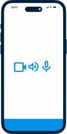 Smartphone screen with blue video, audio and microphone icons in the center.
