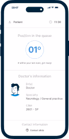 App screen showing position in queue as 1st, warning to prepare, doctor information including photo, name, neurology and general clinic specialty, CRM and location, and option for contact.