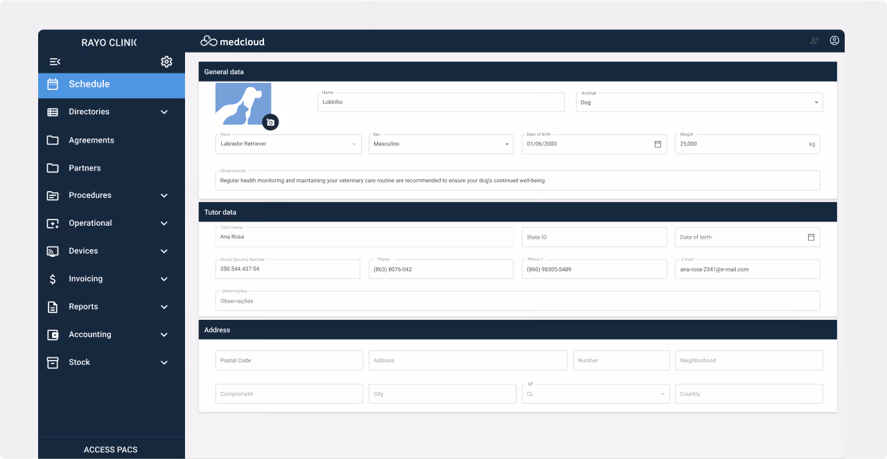 Veterinary clinic management system screen showing general data of the animal Lobito, a male Labrador Retriever, and information from tutor Ana Rosa.
